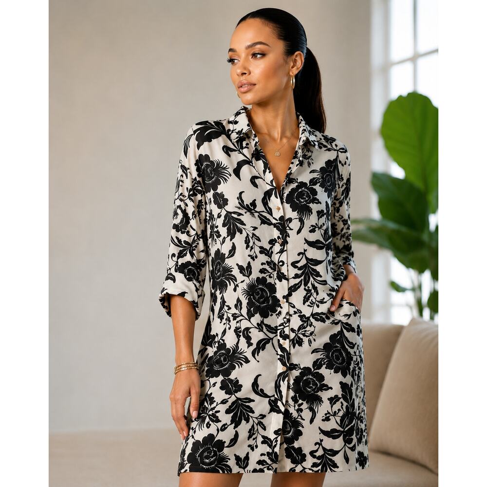 Zara Floral Satin Shirt Dress Black White Tunic Mini Size Small
